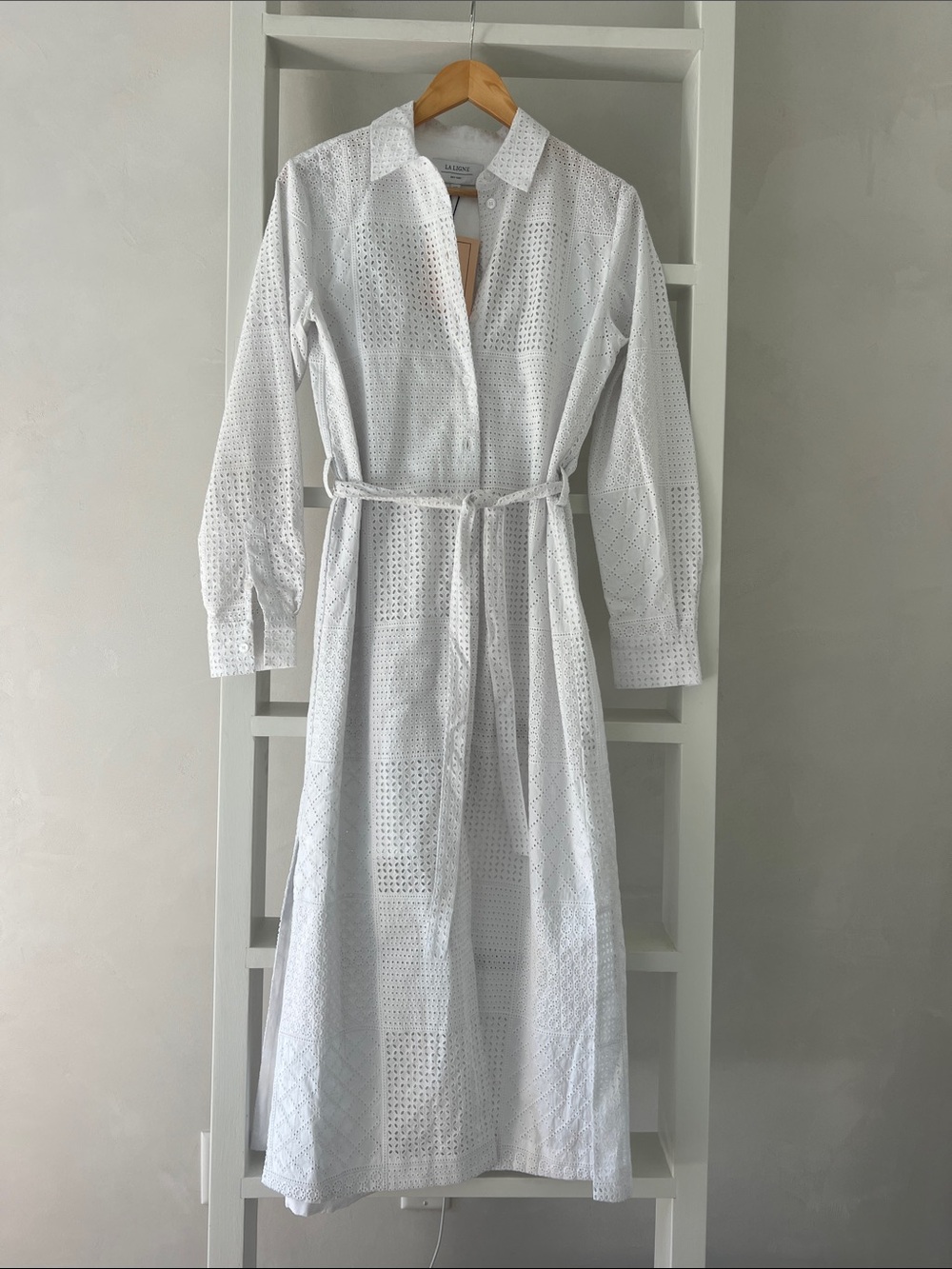 La Ligne Carl Dress - White Eyelet Long Button-Front Shirt Dress